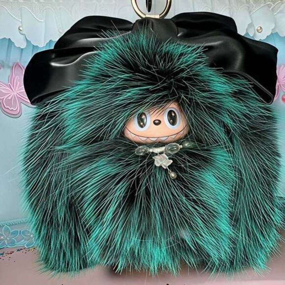 (43)Custom Handmade Labubu Zimomo Plush - Green/Black Fur with Magnetic Tail
